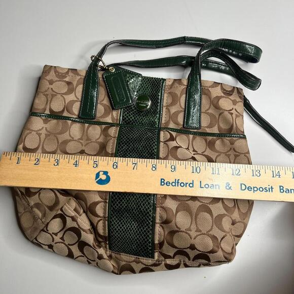 Coach F22706 Signature Stripe Patent Leather Tote Khaki Green Python Trim Handba - Picture 10 of 10